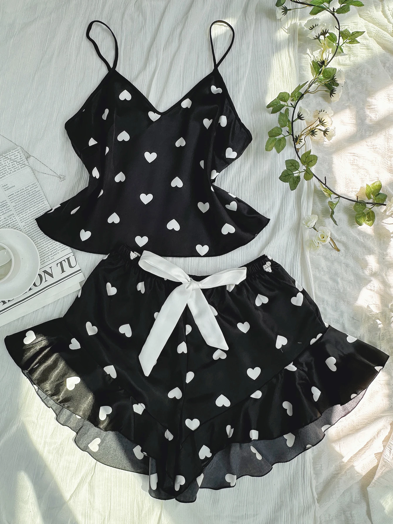 Cute Heart Print Pajamas for Women Set V Neck Top and Shorts Loungewear Sexy Fashion Women’s Sleepwear for Home image 6