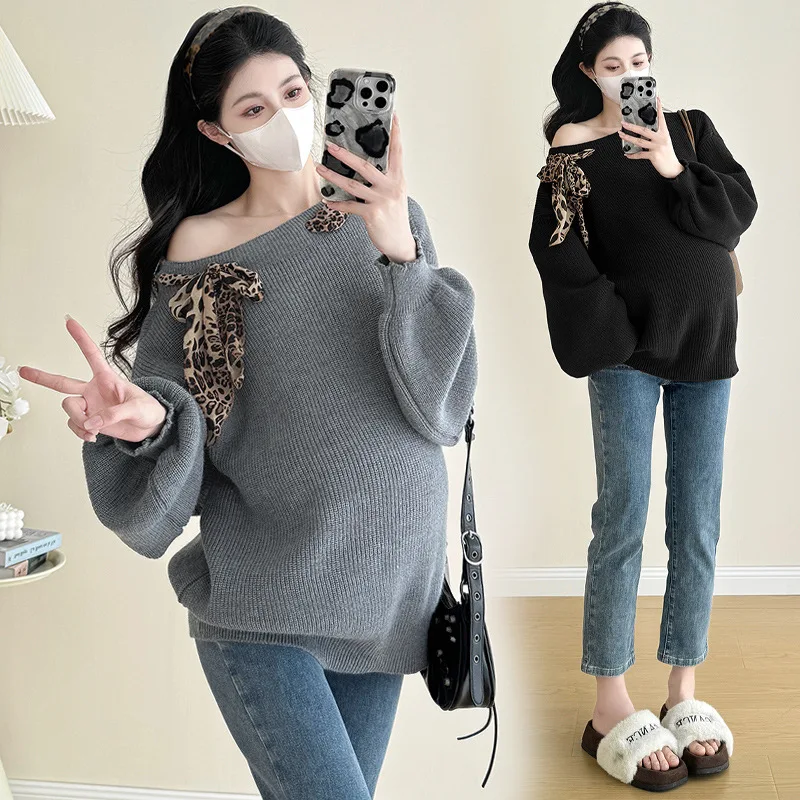 سترة الأمومة خريف شتاء جديد ليوبارد طباعة وشاح التفاصيل قبالة الكتف فضفاض متماسكة أعلى دافئ أنيق للنساء الحوامل