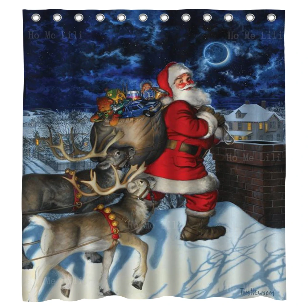 Christmastime Is Here Santa With Sledge Reindeer Claus Carries Presents Chimney Moonlight Shower Curtain