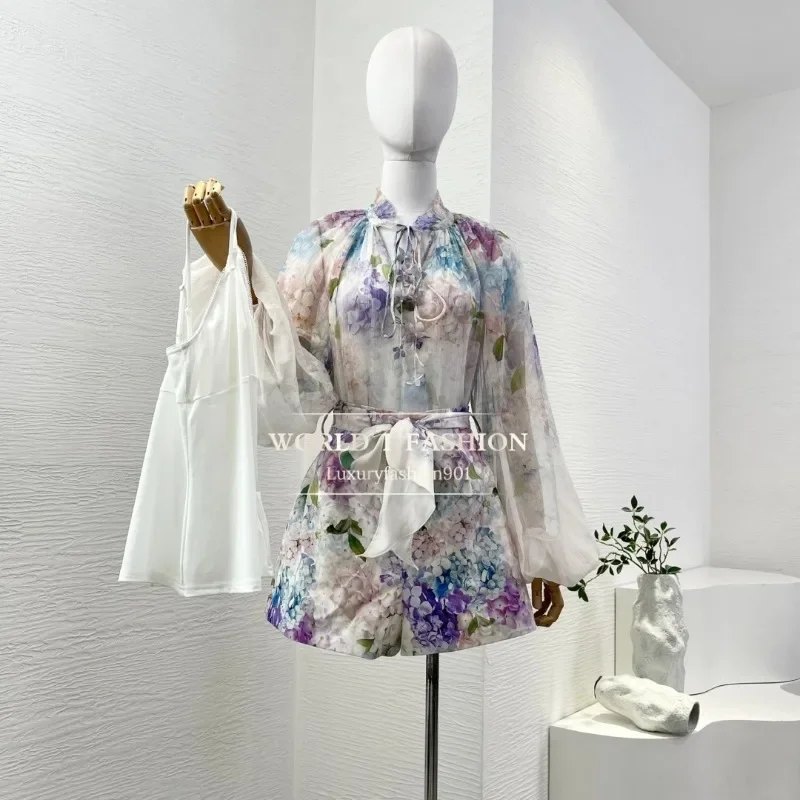 

Light Violet Floral Print Long Sleeve Ruffles Blouse Tops and Shorts Sets 2025 Silk