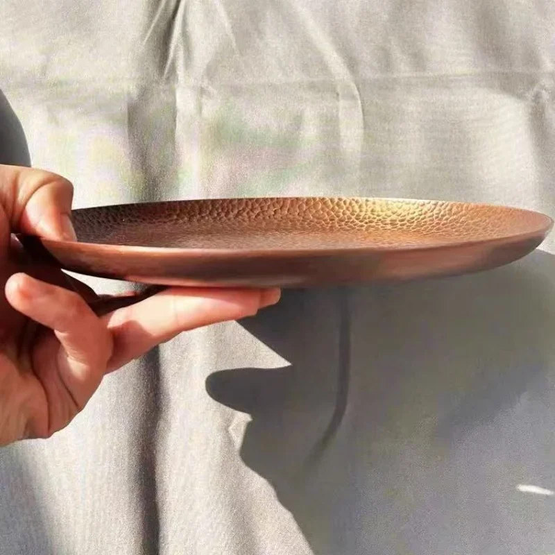 Round Shape Red Copper Cheese Tray,Retro Engraving Hammer Texture Home Portable Food Plate,Snack Fruit Disc Table Decorationk 5