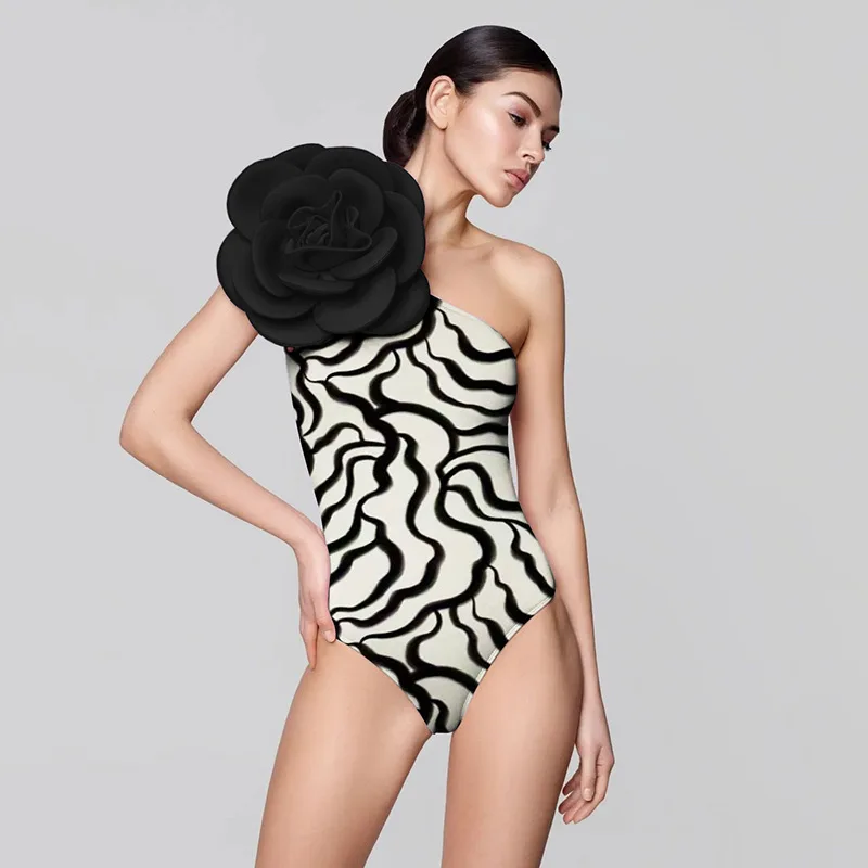 블루 2025 수영복 3D 꽃 원피스 수영복 여성 한 어깨 레트로 수영복 스커트 여름 Monokini Cover Up Beach Dress