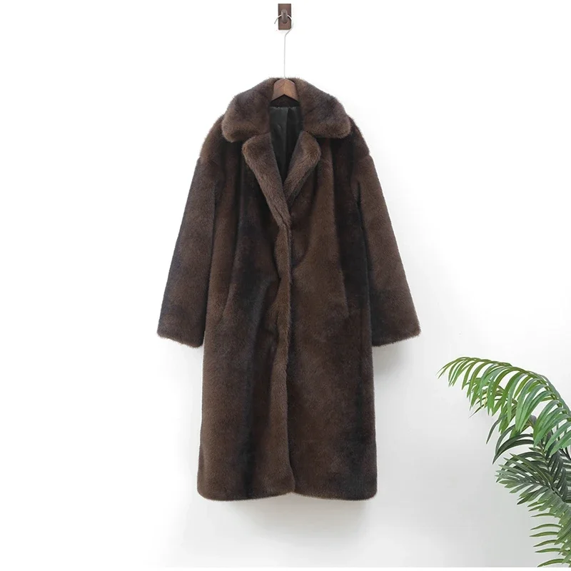 Dunkelbrauner Kunst pelz langer Mantel einreihige Damen Fleece jacke Trenchcoat 2023 Winter flauschiger Plüsch warmer Mantel neu – Detail 19