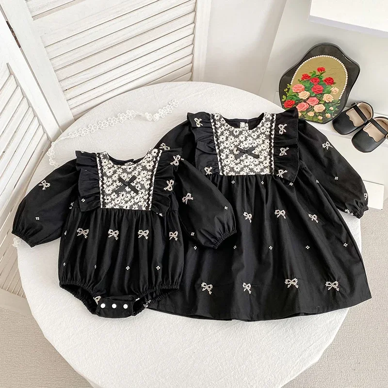 2025 New Autumn Kids Princess Dresses 2-6Yrs Girl Party Dress Long Sleeved Cotton Embroidery Baby Girl Romper Sister Dress
