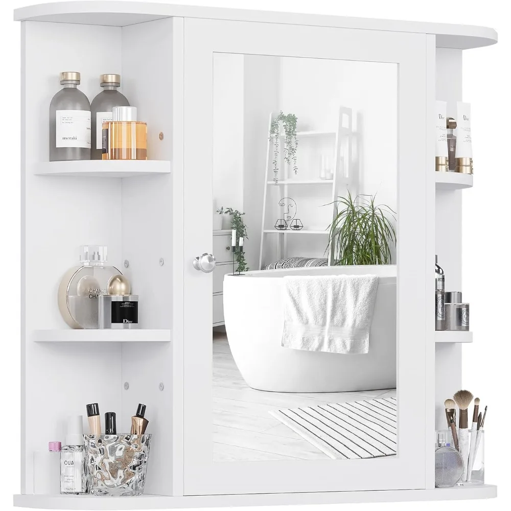 Bathroom Wall Cabinet with Mirror, Wall Mounted Medicine Cabinet with 4 Internal and 6 Open Shelves, Mirrored Door Over The Toi