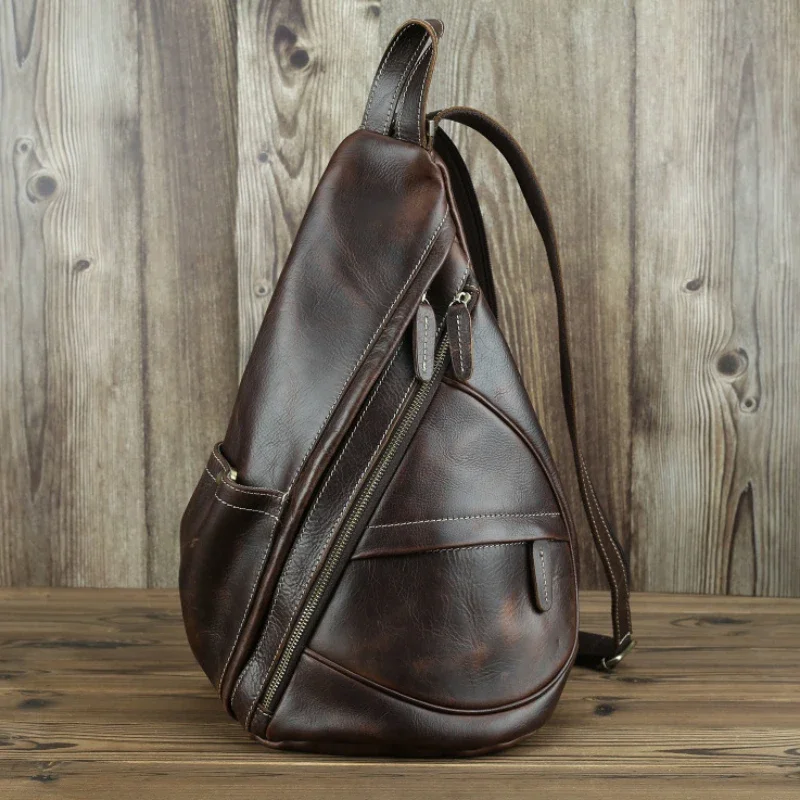 

Hot Sale Unique Casual Genuine Leather Triangle Backpack Male Female Travlling Bagpack For Ipad Small Backpack Portable Men Bag