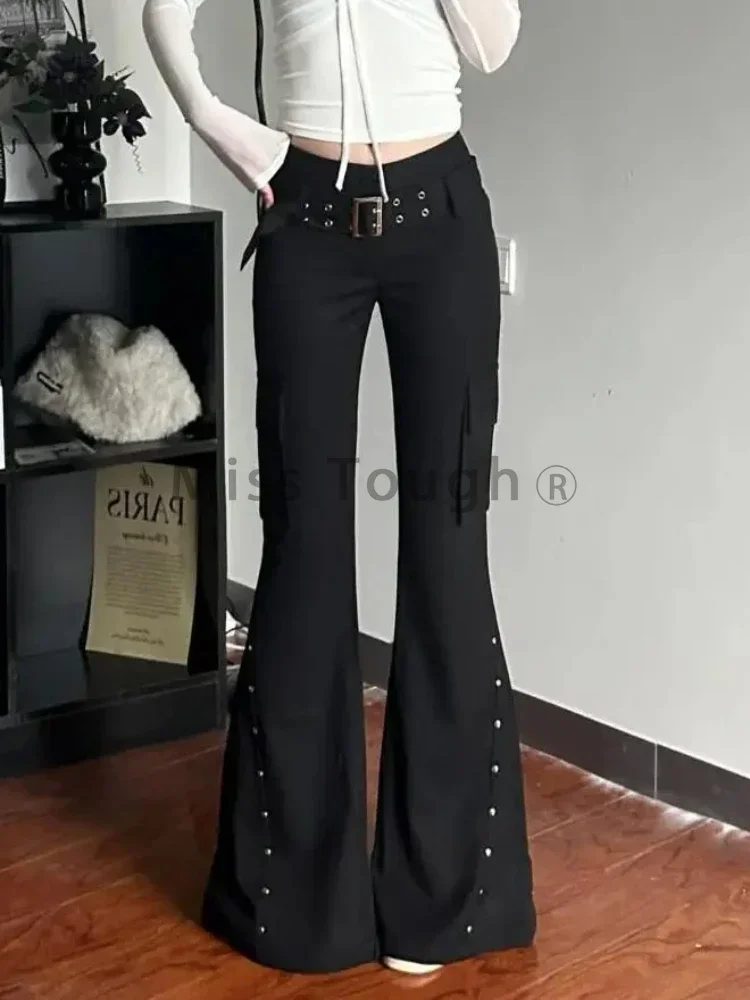 Japanese Harajuku Y2K Black Long Jeans Women Dark Academia Low Rise Flare Pants with Belt Trousers 2000s Korean Fashion E-Girl