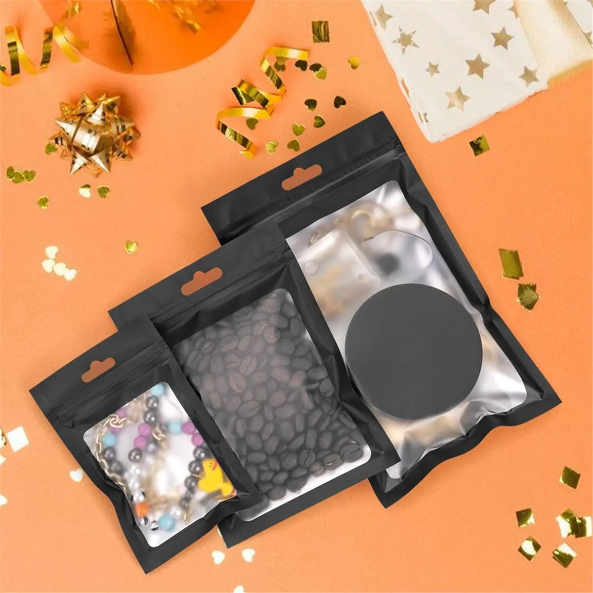 100 Pcs Resealable Foil Bags, Plastic Packaging Pouch with Clear Window for Small Business, Black 3.5 X 6.3 Inch