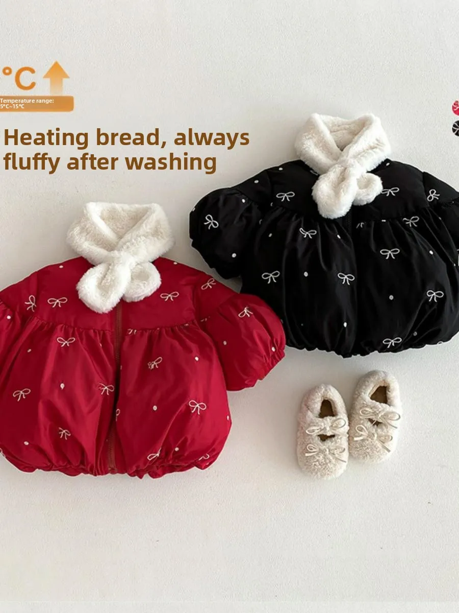 

Модное зимнее пальто для девочек из хлопка с утеплителем, в корейском стиле, с шарфом, детская одежда