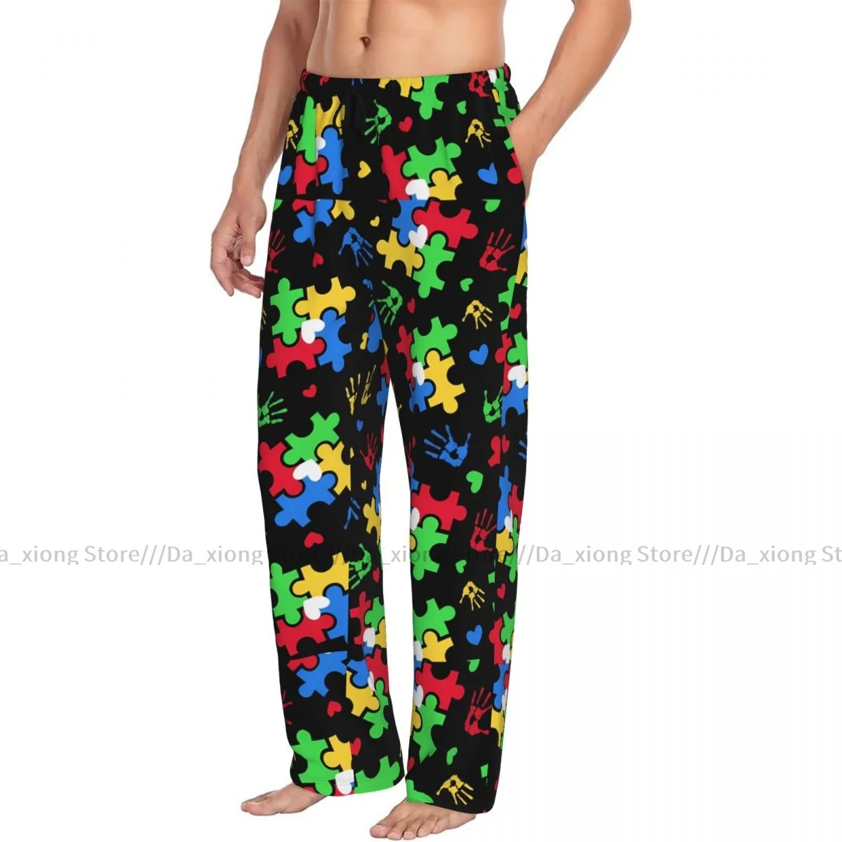 Mens Casual Pajama Long Pant Loose Elastic Waistband Autism Awareness Colorful Puzzle Piece Cozy Sleepwear Home Lounge Pants