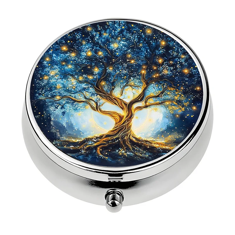 1 mini pill box with 3 compartments, magic tree theme, portable for travel or as a wallet pill box, mini decorative pill box, suitable for wallets, unique gift compact pill box, stylish storage box, durable metal, high-quality materials, for daily medication users, frequent travelers