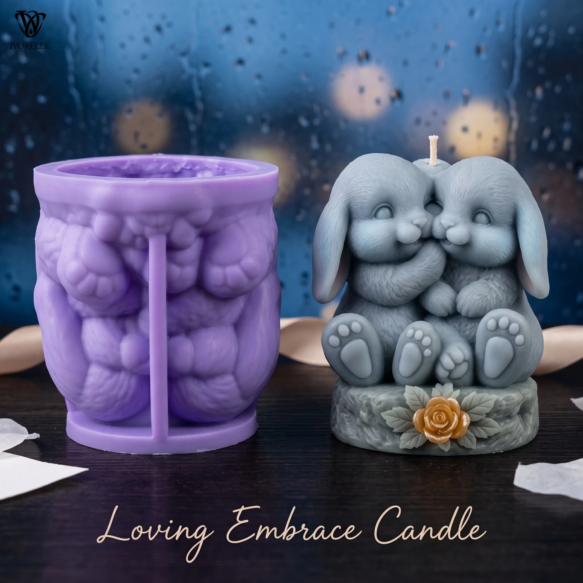 IVORELLE Embracing Rabbit Couple Silicone Candle Mold Rose Relief For Wax Resin Plaster Soap DIY Home Decor Craft