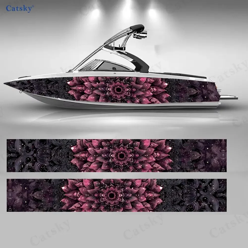 2Pcs Crimson Lotus Boat Stickers, PVC Waterproof Durable Vinyl Wrap Decals for Fishing Boats, Durable and Stylish Design