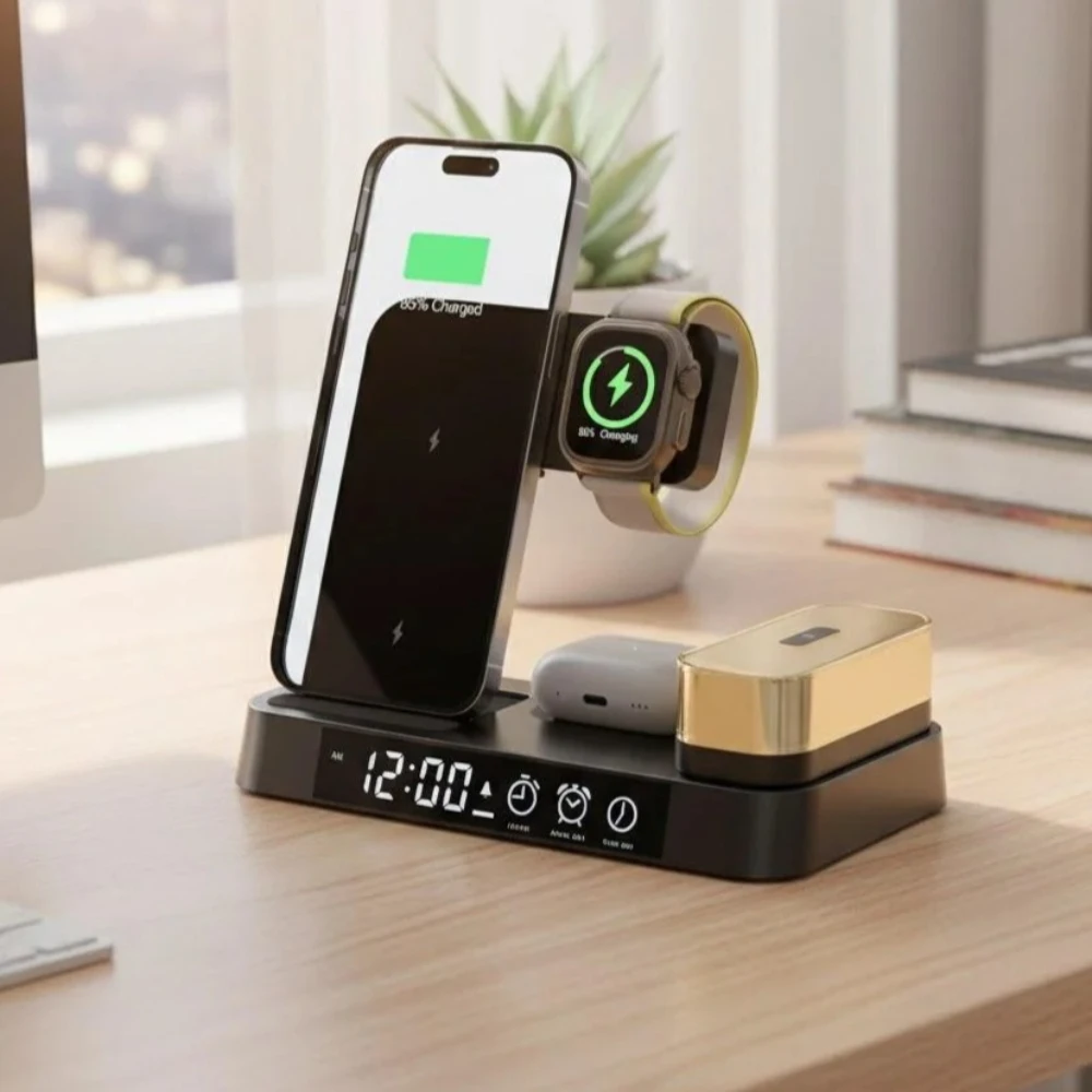 

Складное беспроводное зарядное устройство 30 Вт с часами и RGB-подсветкой, быстрая зарядка, совместимо с iPhone 14, 13, 12 Pro Max, Apple Watch, AirPods