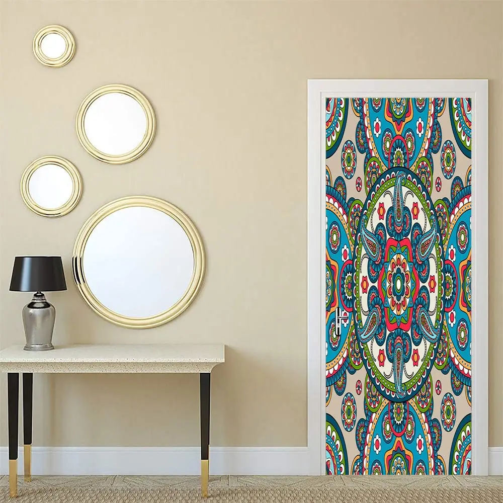 Bohemian Flower Door Sticker Retro Ethnic Style Decal Removable Boho Tribe Floral Door Mural Poster Wallpaper Home Bedroom Decor