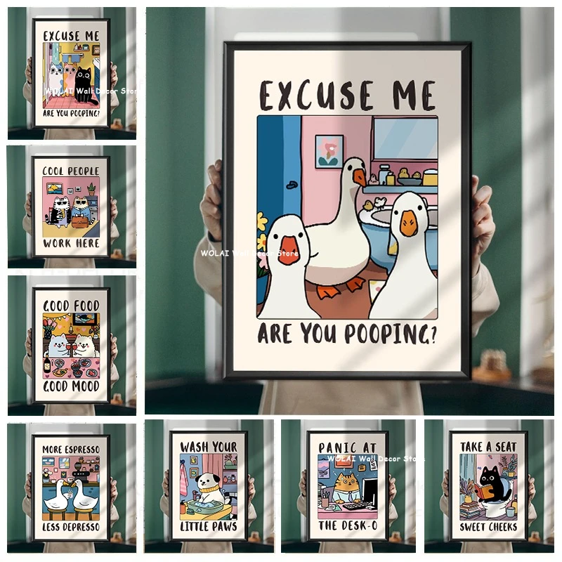 Póster de ganso divertido ¿Desolver estás defecando? Pintura en lienzo para baño, gente genial, funciona aquí, impresión de pared de gato para decoración del hogar y la Oficina