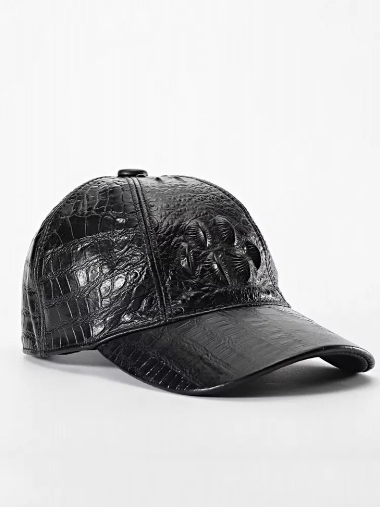 Fashion Mens Crocodile Pattern Cowhide Genuine Leather Peaked Cap Outside Casual Sun Protected Travel Baseball Cap Adjustable