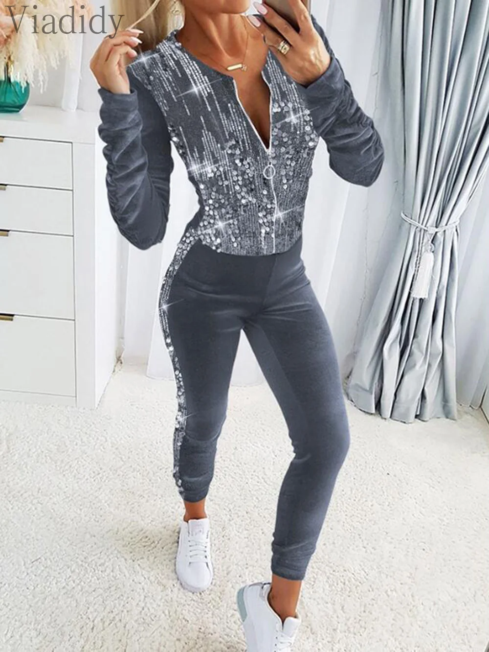 Women Casual Solid Color Velvet Contrast Sequin Zipper Design Long Sleeve Coat and Pants 2pcs Set