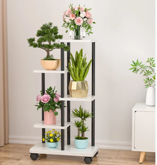 Multi‑Tier Metal Wood Plant Stand with Wheels Indoor Corner Flower Shelf Display Rack for Potted Plants Home Balcony Decor