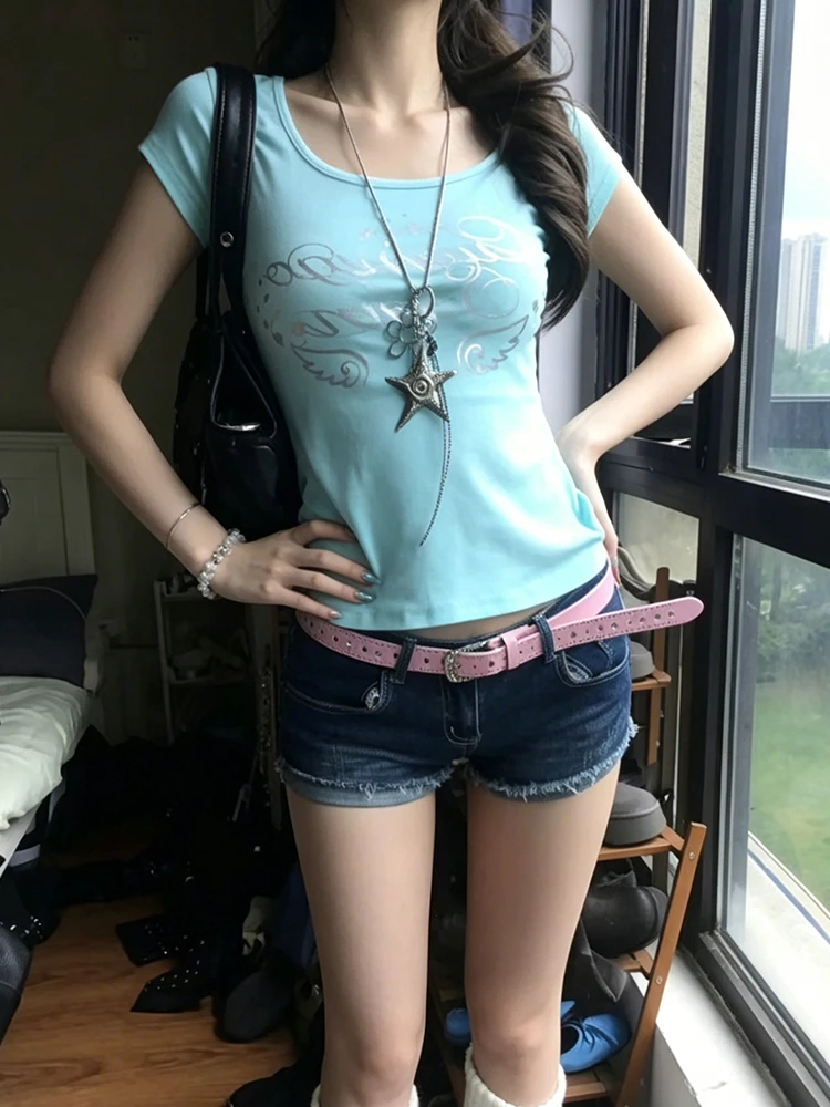 Genayooa Japanisches Y2k-Print-T-Shirt für Damen, kurzärmelig, schmale Crop-Tops, amerikanische Retro-Grafik-Tops, Streetwear, 2000er-Jahre-Fairycore-T-Shirt – Detail 11