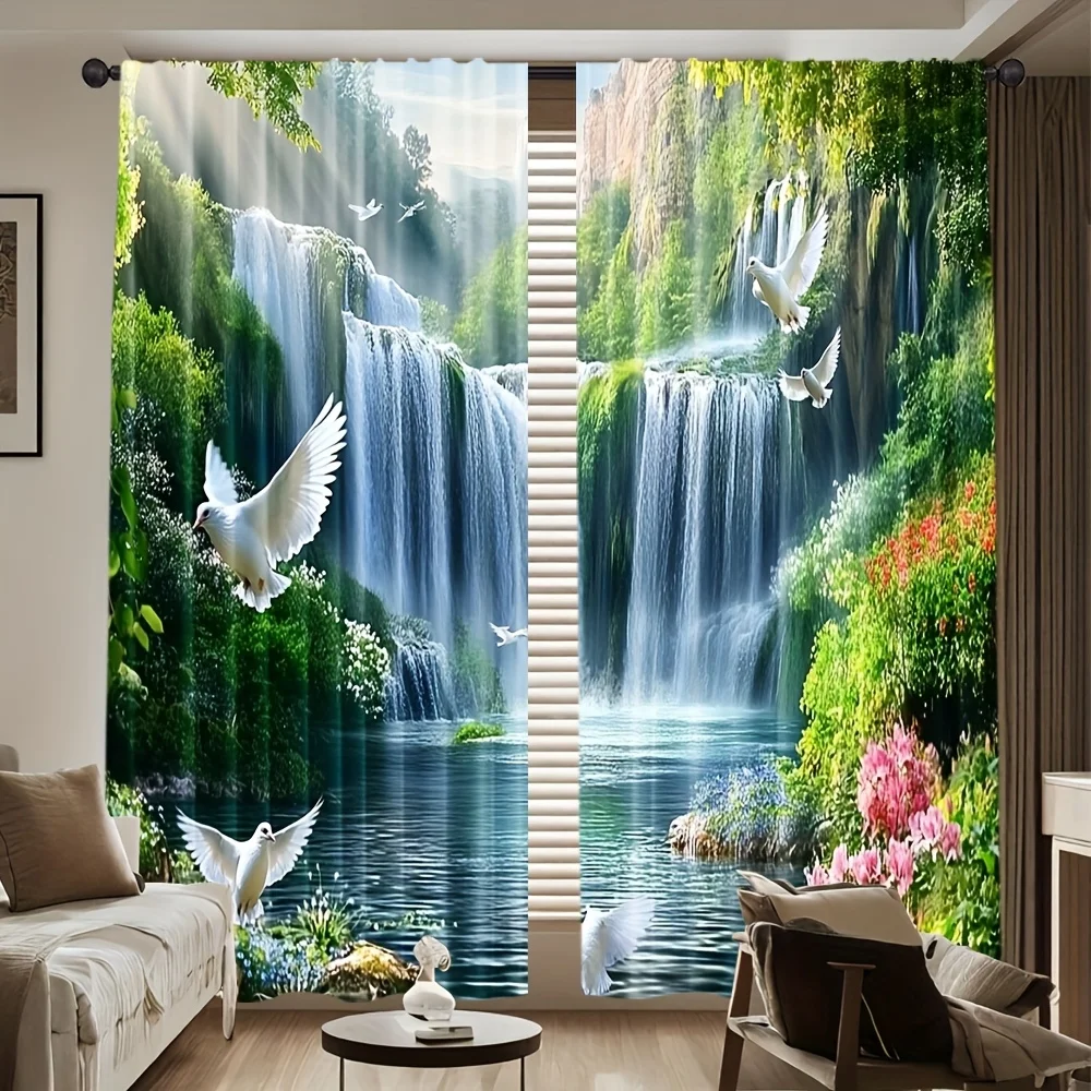 Green Forest Waterfall Curtain 2 Panels, Vivid Flying Dove Clear Waterfall Color Bloom Print Soft Fresh Tone Bedroom Curtain