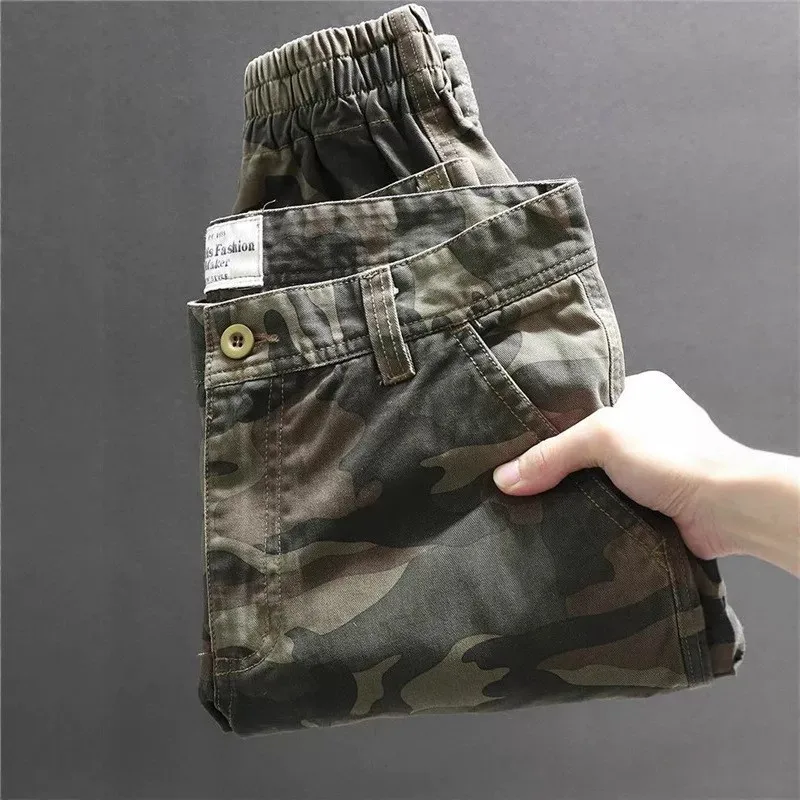 Mens Camouflage Work Trousers Spring Autumn Outdoor Wear Resistant Dirt Easy to Clean Loose Cuffed Casual Long Pants
