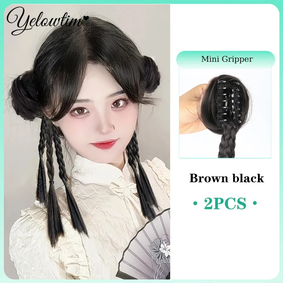 Mädchen lockiges Scrunchie Chignon mit Gummiband braun schwarz synthetisches Haar Ring Wrap auf chaotisch Brötchen Pferdes chwänze glattes Haar Krawatte