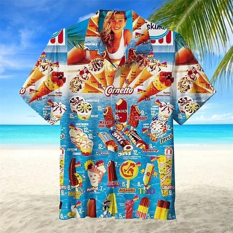 Trendige coole Mode-Eis-Hemden, Strandparty, 3D-Druck, Hawaii-Hemd, Unisex, kurzärmelig, übergroße Bluse, Revers-Hemd