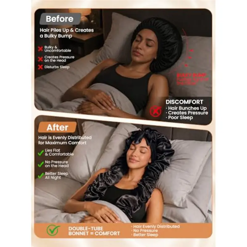 PORK-No Slip Sleep Bonnet With For Long Curling Ribbons, Heatless Curl Satin For Sleeping Design For Long& Braids Hair
