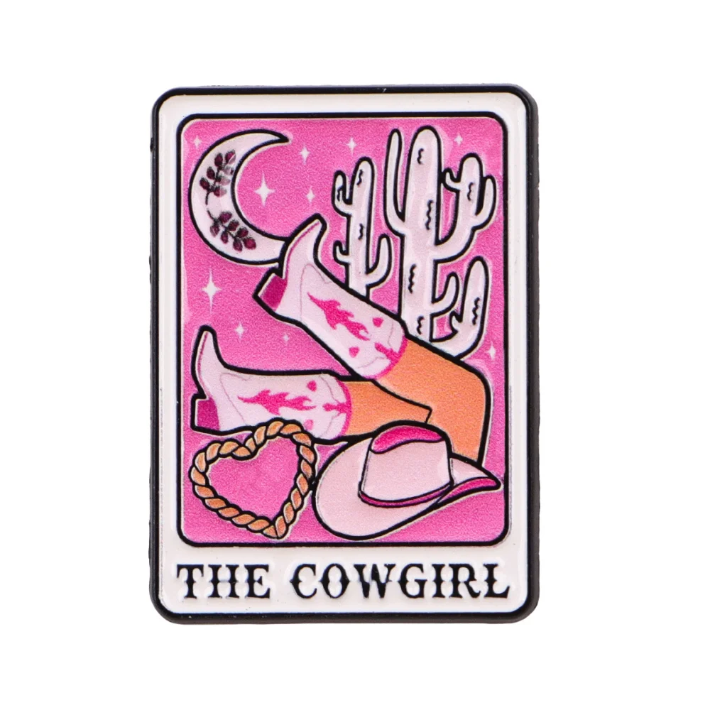 Sweet Cool Western Tarot Pin Pink Toned Girl Cowboy Girl Badge Boots Girl Rope Love Personality Brooch Pin for Clothing