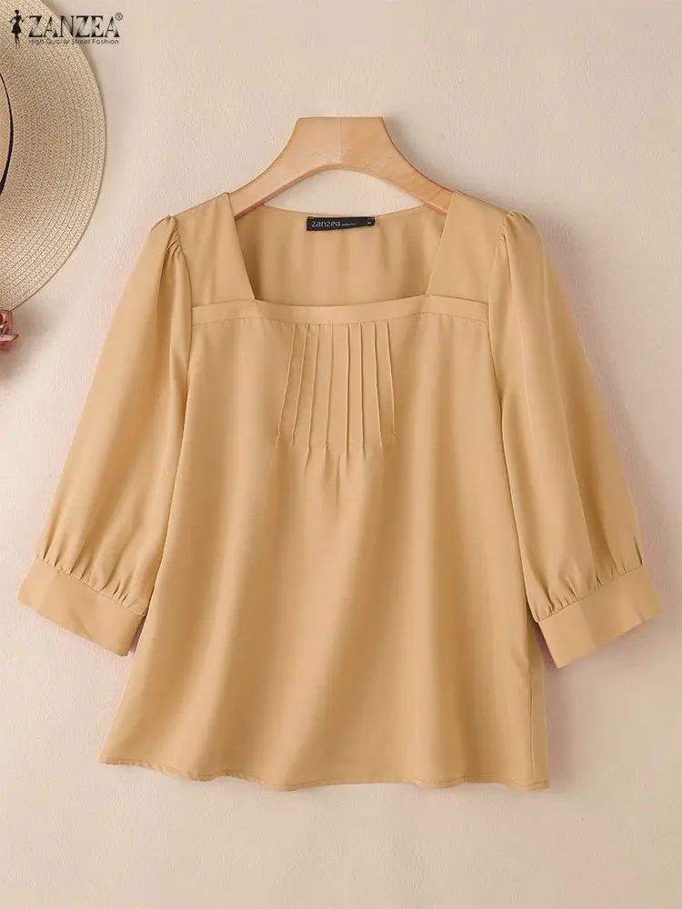ZANZEA Camicia da ufficio estiva Donna Elegante collo quadrato Manica a 3/4 Camicette da lavoro Elegante tunica a pieghe solida Top Blusas allentati 2025
