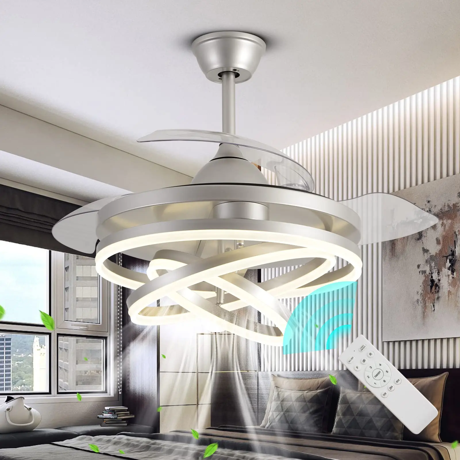 

Wholesale Chrome Custom Led Chandelier Fan Modern Dimmable Crystal Invisible Retractable Ceiling Fans With Light