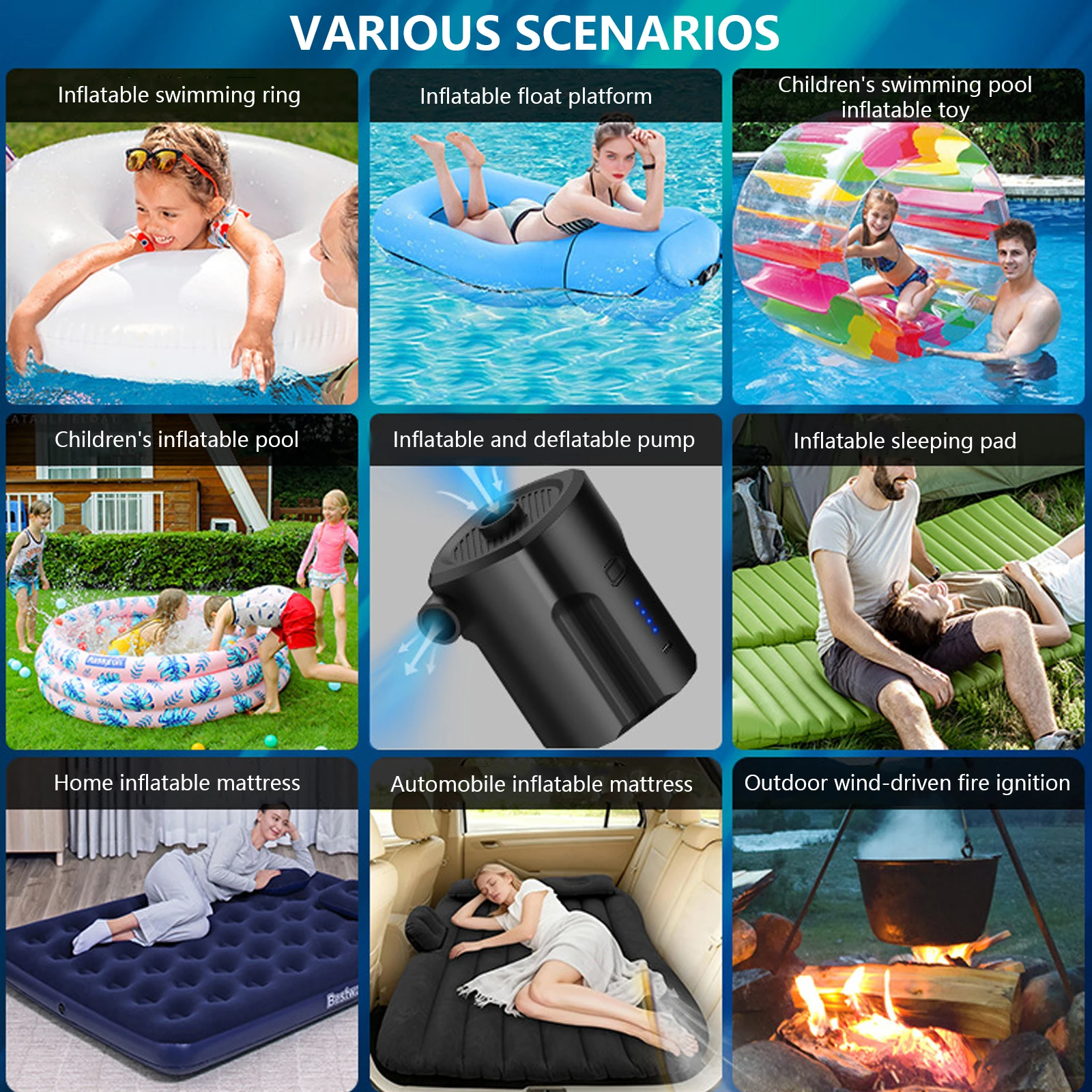 【2026 New】Cordless Electric Air Pump Inflate Deflate 400L/min 5000mAh 5 Nozzles for Air Mattress Boat Pool Floats Camping