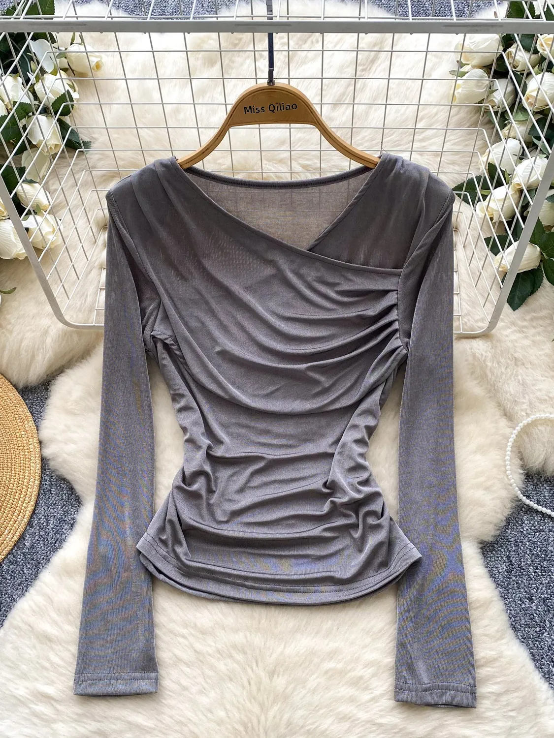 Cseta Sexy de Manga Longa com Decote em V Cruzado para Mulheres, Ajuste Slim, Cintura Ajustada, Top Faionável, Estilo Ca...