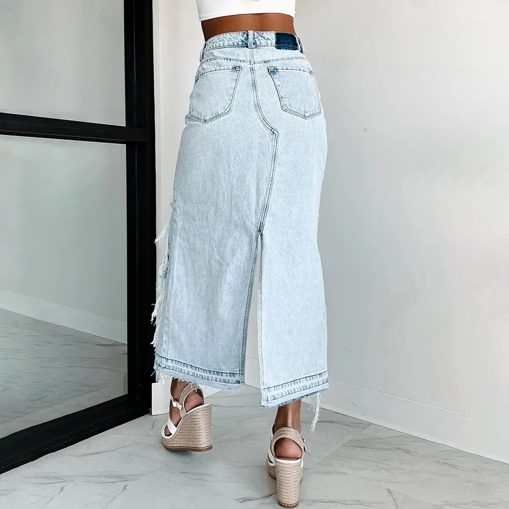 Distressed Ripped Denim Skirts Holes Skirt Solid Zipper Fly High Waist Vestidos Washed Slim Pockets Sexy Wrap Buttocks
