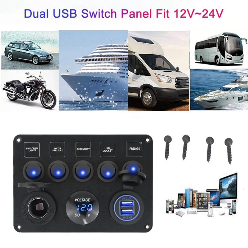 Boat Switch Panel Car Switch Panel Multi-Functions Panel Dual USB Port Outlet Combination Switch Panel Marine LED Rocker Red