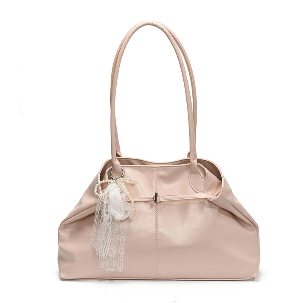 

Sweet PU Leather Shoulder Bag Tote Bag with Bow Lace Pendant Versatile Armpit Bag Solid Color Large Capacity Underarm Bag Girls