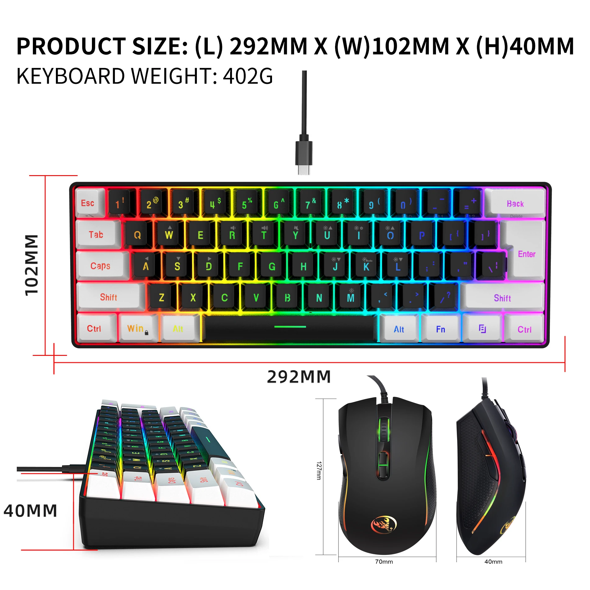 Gamer Keyboard Mouse Combos Teclado Gamer 60% Percent Teclados Key Board Keyboards Gaming Mini PC Backlit Wired Clavier Black - view 6
