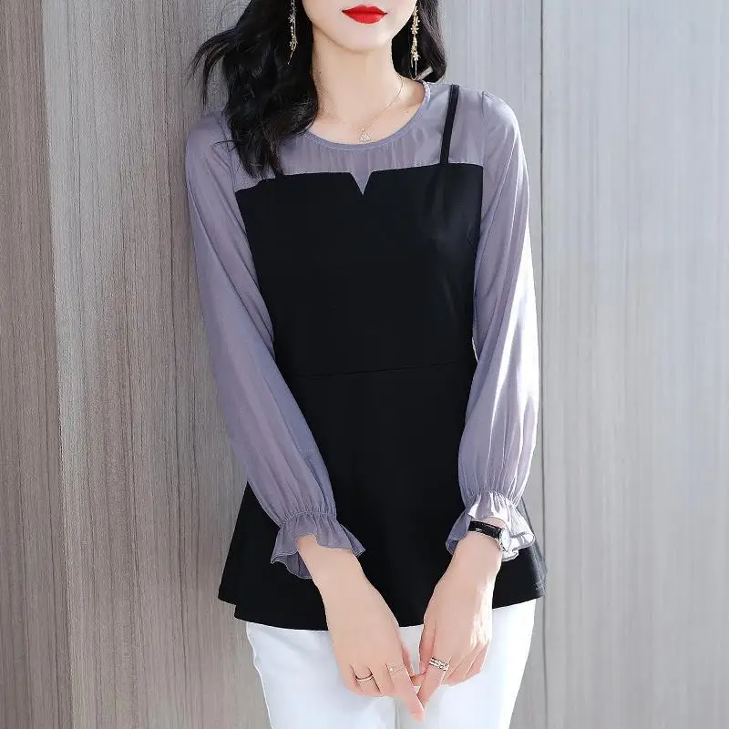 Female Clothing Commute Solid Color Patchwork Blouse Spring Autumn Long Sleeve Fashion Korean Round Neck Slim All-match Shirt