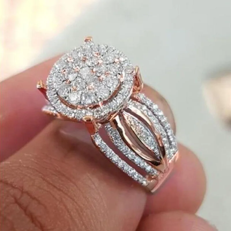 

Huajie Charming Rose Gold Color Full Paved Brilliant Zircon Wedding Rings for Women Engagement New Female Jewelry Trend