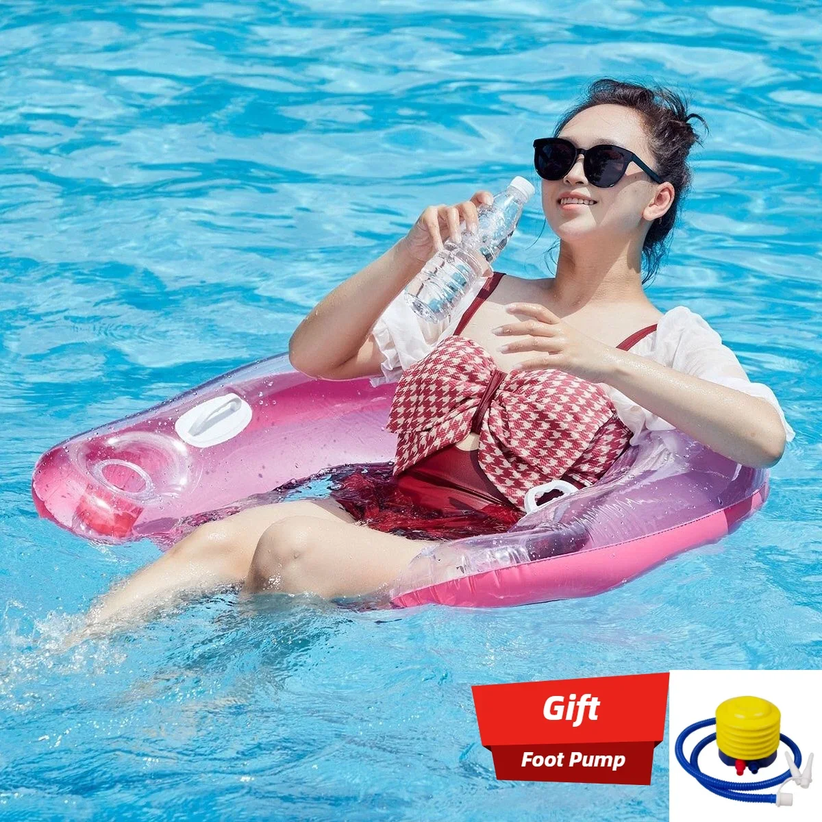 

Inflatable Floating Water Mattresses Hammock Swimming Circle Beach Lounge Chair Water Backrest Chair Random Style Foot Pump