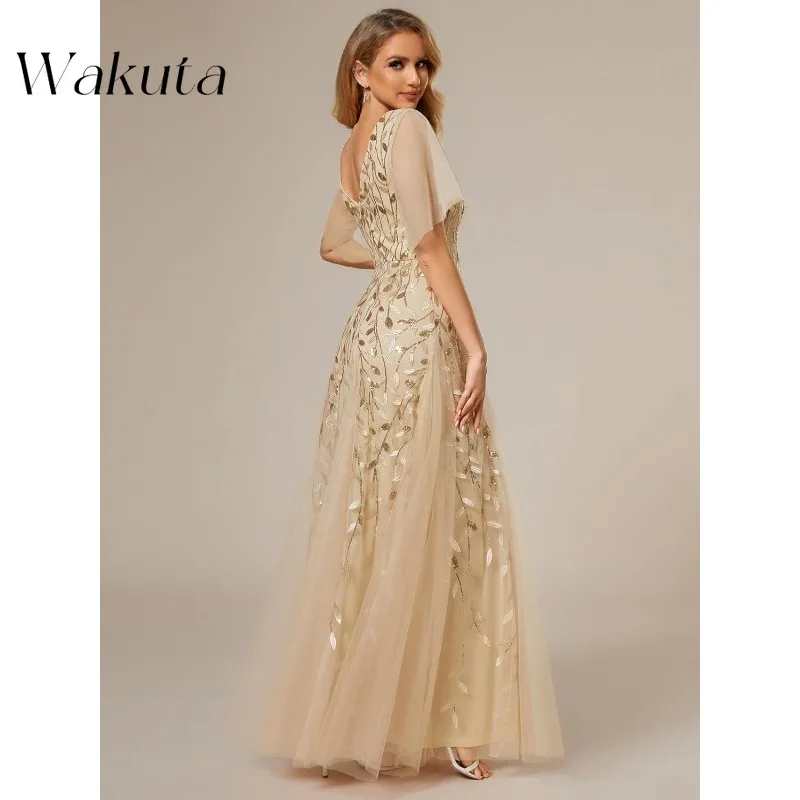 Wakuta Fashion Sexy V-neck Short Sleeved Evening Robe Classic Sequin Sparkling Slim Fit A-line Party Cocktail Dresses فستان سهرة