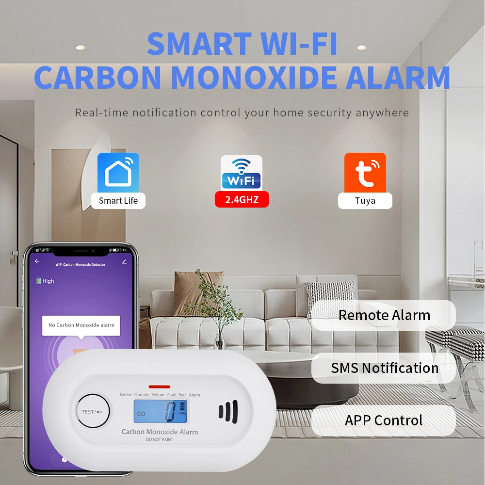 Tuya Carbon Monoxide Alarm, WiFi Smart CO Gas Detector with Tuya App control, 10-Year Life Battery, CE EN 50291, VC21W