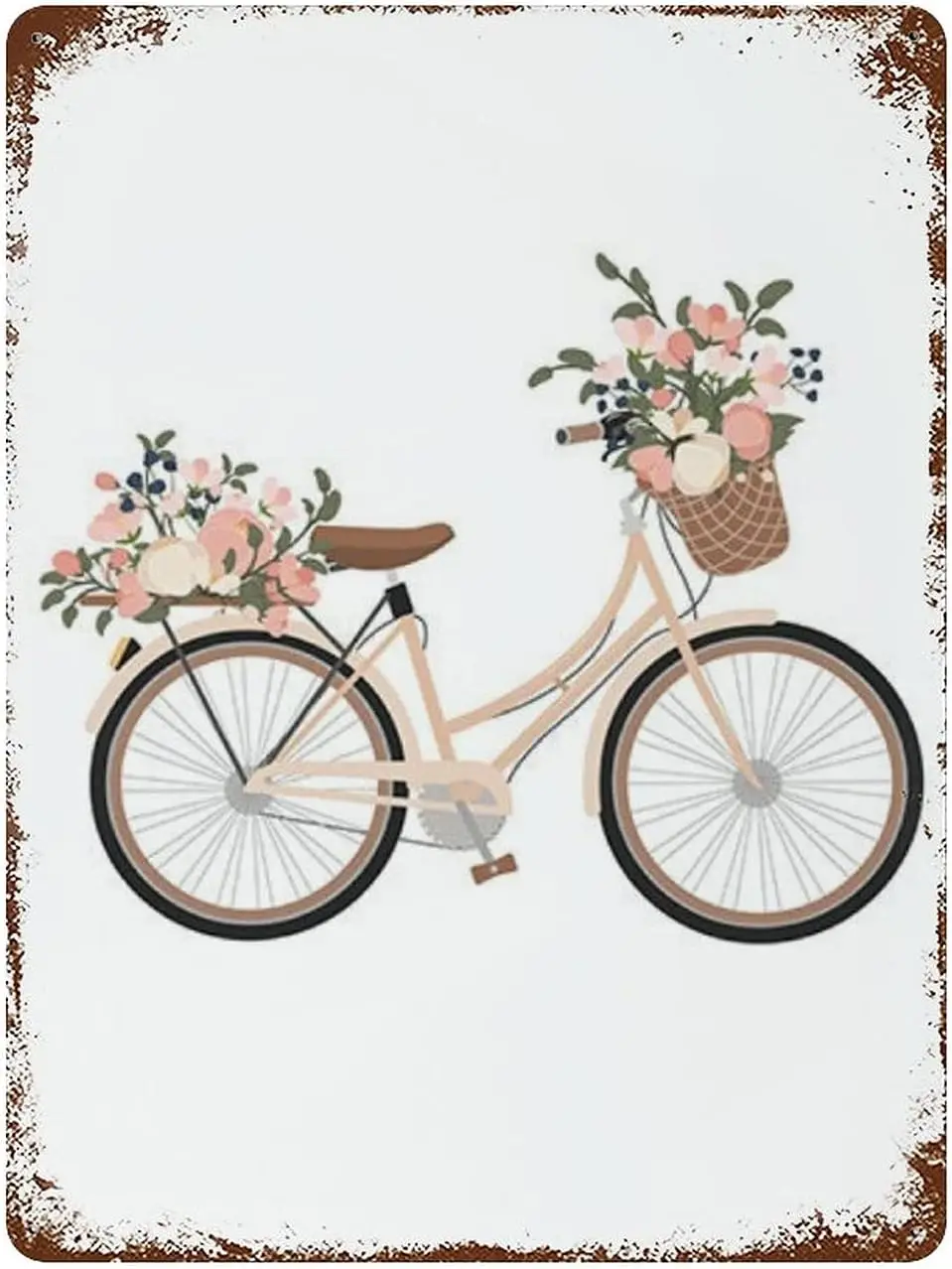 Retro Tin Sign Floral Bicycle Print Roll With It Flower Basket Bike Wall Decor Bicycle Wall Art Quote Wall Art Pink Blush B sign