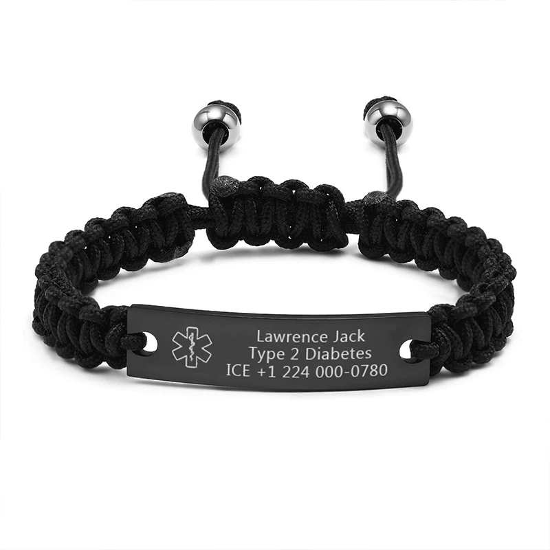 

Изготовленный на заказ браслет с медицинским оповещением, персонализированный регулируемый плетеный браслет ручной работы из веревки для мужчин/браслет с медицинским идентификатором для мужчин и женщин