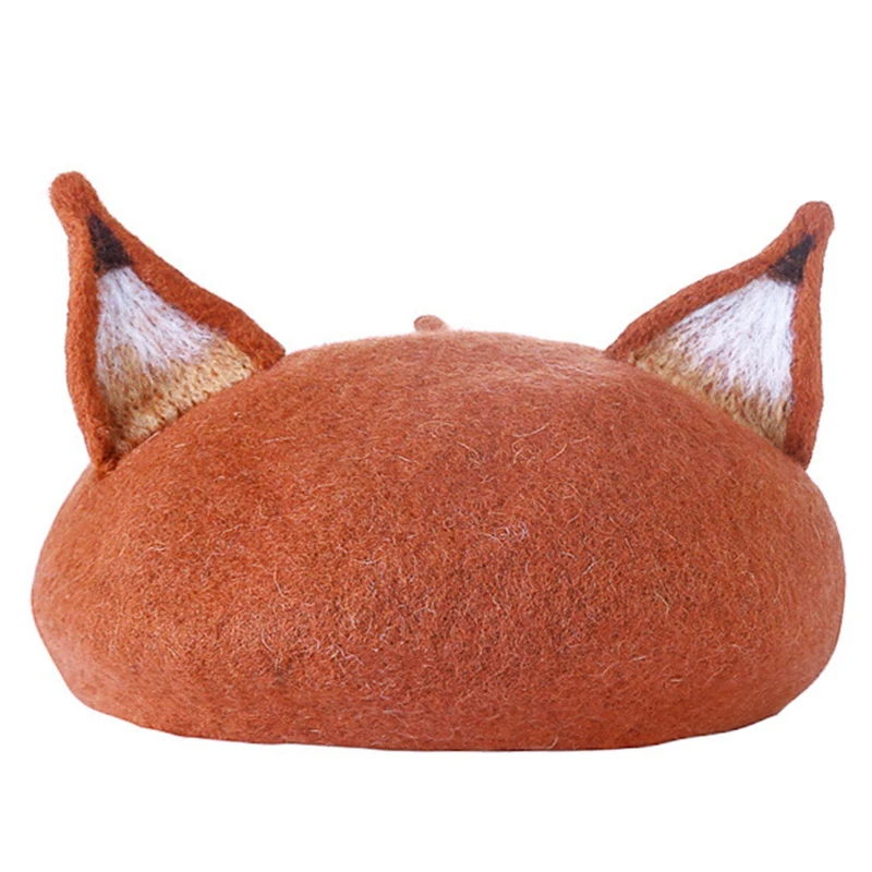 

AOA-Cute Fox Ear Beret Casual Warm Painter Hat Handmade Beret Honey Color