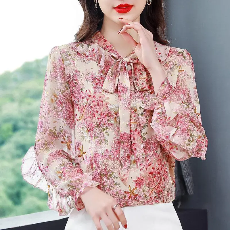 Floral Chiffon Shirt Women\'s Spring Summer New Korean Bow Tie Blouse Loose Tops Shirts Blusas Mujer 5XL