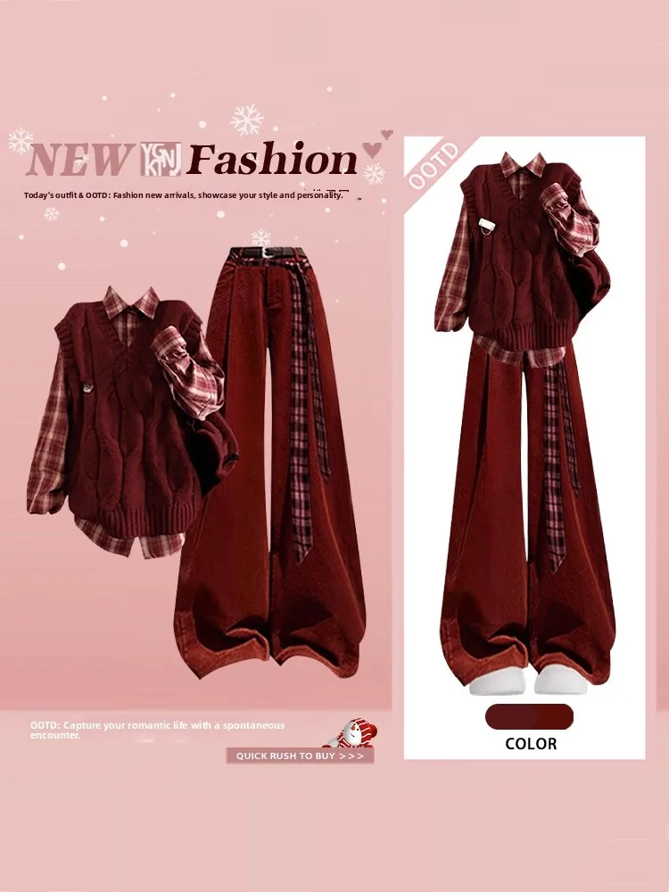 

Вязаный жилет в стиле ретро, комплект женских осенне-зимних повседневных широких брюк, универсальный красный комплект футболок, модный комплект для отдыха