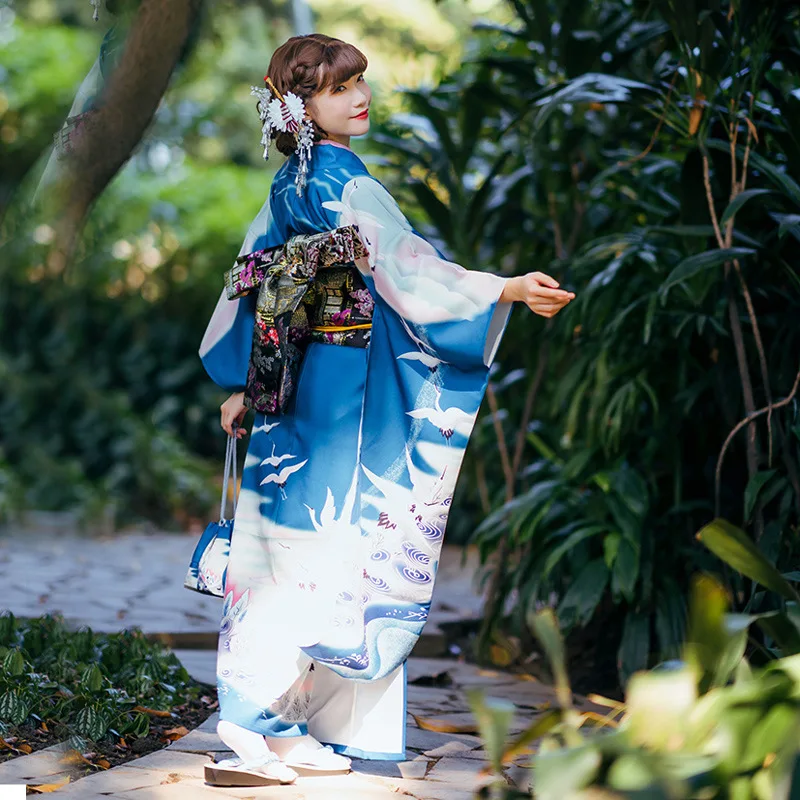 Women's Japan Style Traditional Kimono Blue Color Crane Prints Formal Long Sleeve Yukata Autumn Dress Cosplay Costume