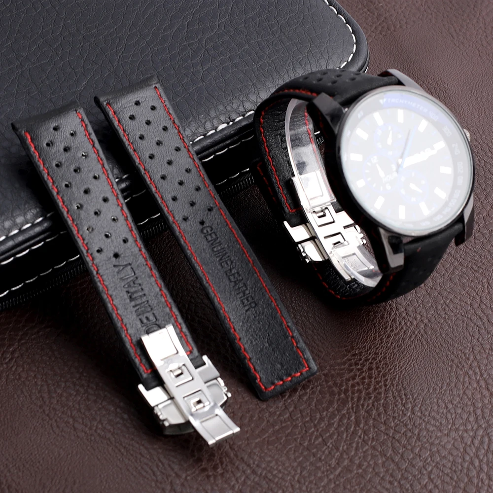 Genuine Leather Black Watchband Breathable Watch Strap Red Stitched 22mm With Stainless Steel Butterfly Buckle Watch Band